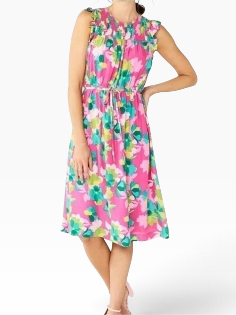 Draper James Pink/Teal Multi Floral Aline Sleeveless Smocked Detail Midi Dress S
